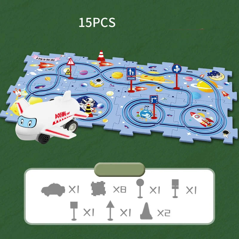 Educational circuit puzzle with electric vehicles