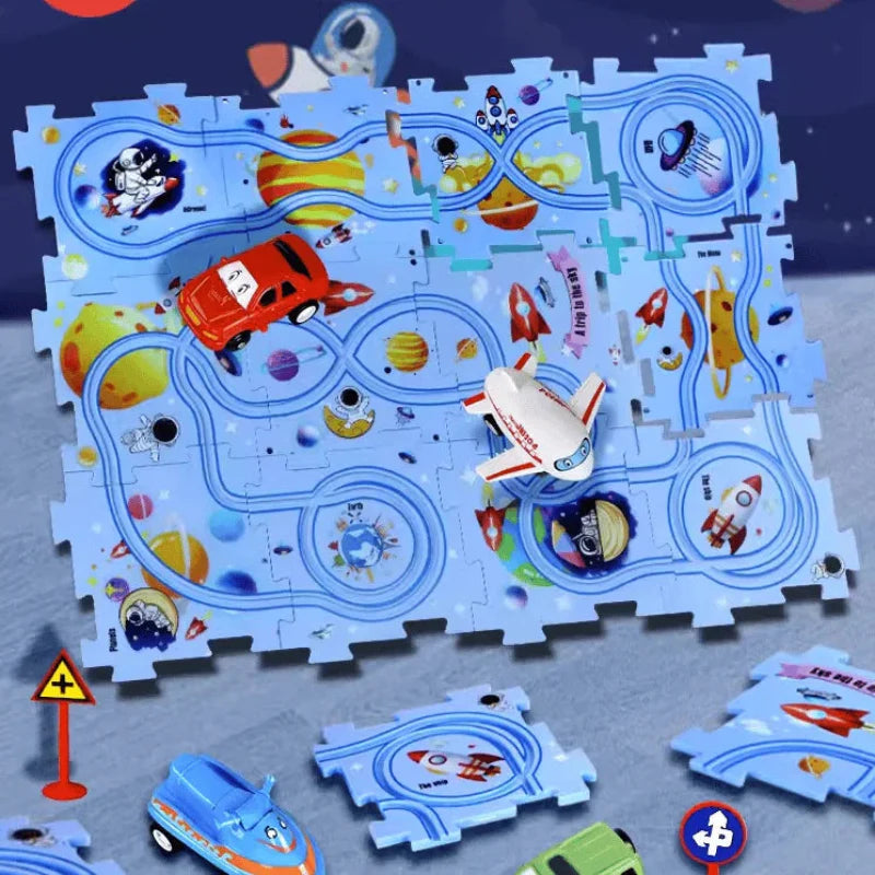 Educational circuit puzzle with electric vehicles