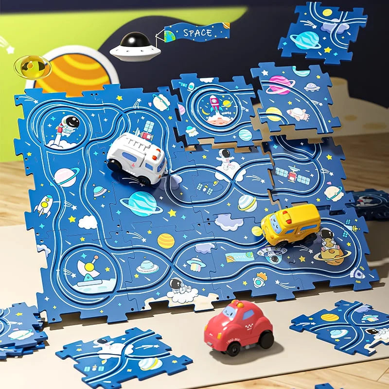 Educational circuit puzzle with electric vehicles
