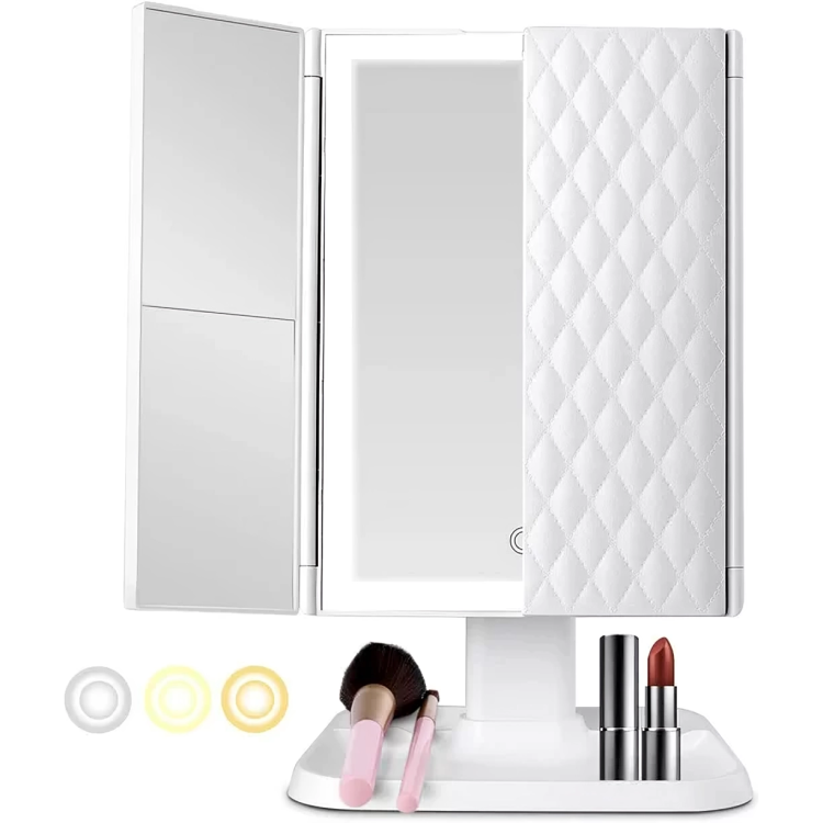 Foldable LED mirror with 3 panels for precise makeup