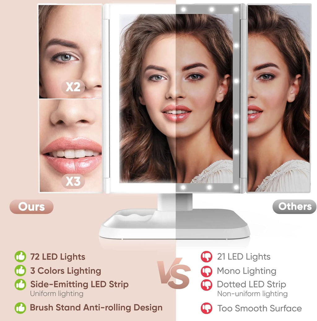 Foldable LED mirror with 3 panels for precise makeup 
